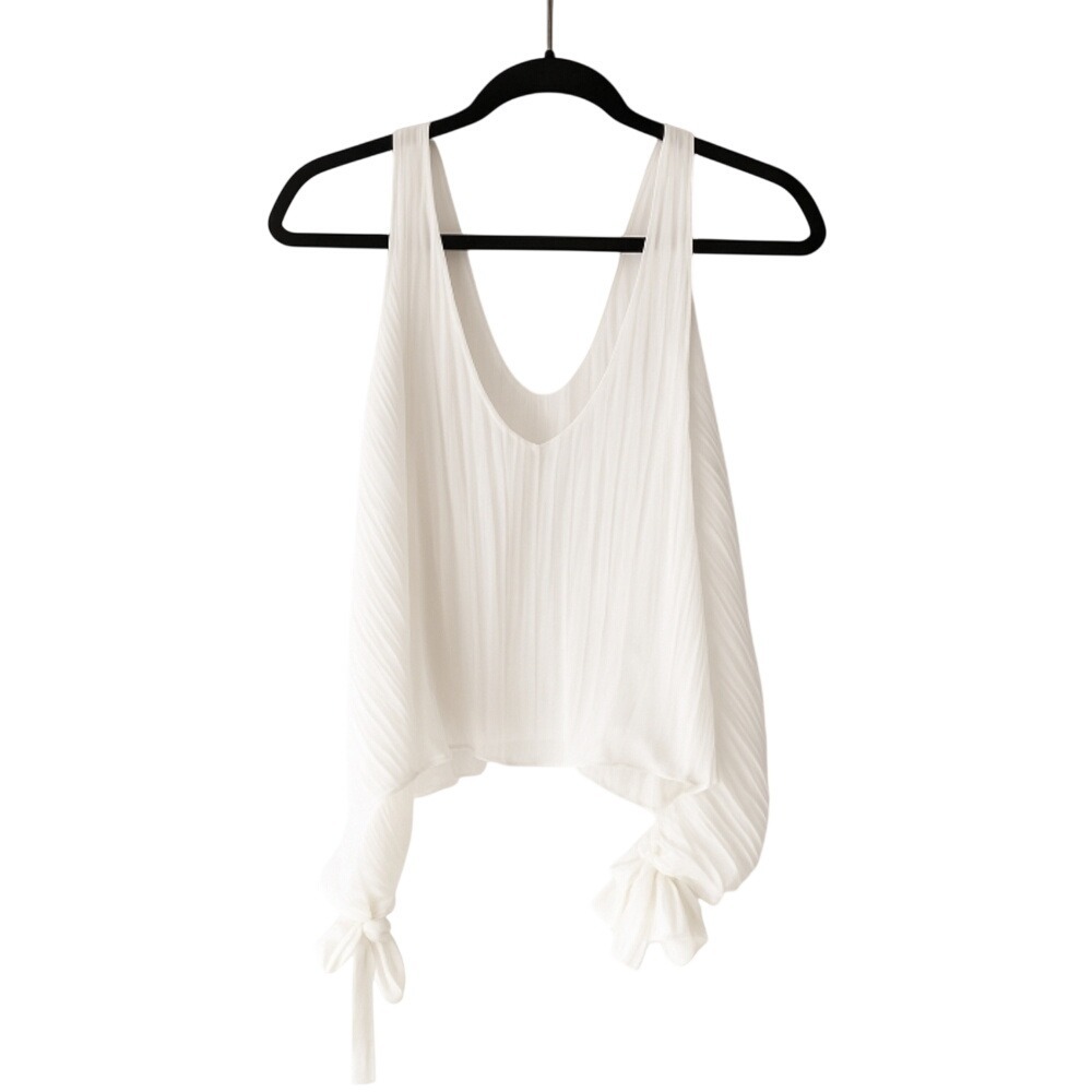 Zara Trafaluc Pleated Open Side Tank Top Womens XS White V-Neck Tie Detail Boho